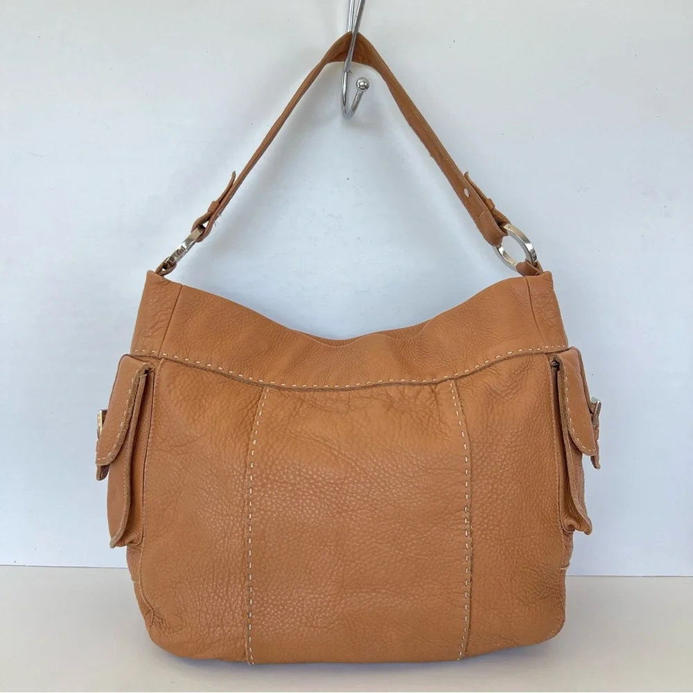 CARLA MANCINI Tan Pebble Leather White Stitching Side Pockets Large Shoulder Bag - Picture 4 of 13